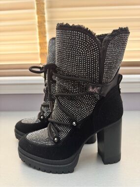 Michael Kors Black Crystal-Embellished Lace-Up Platform Boots